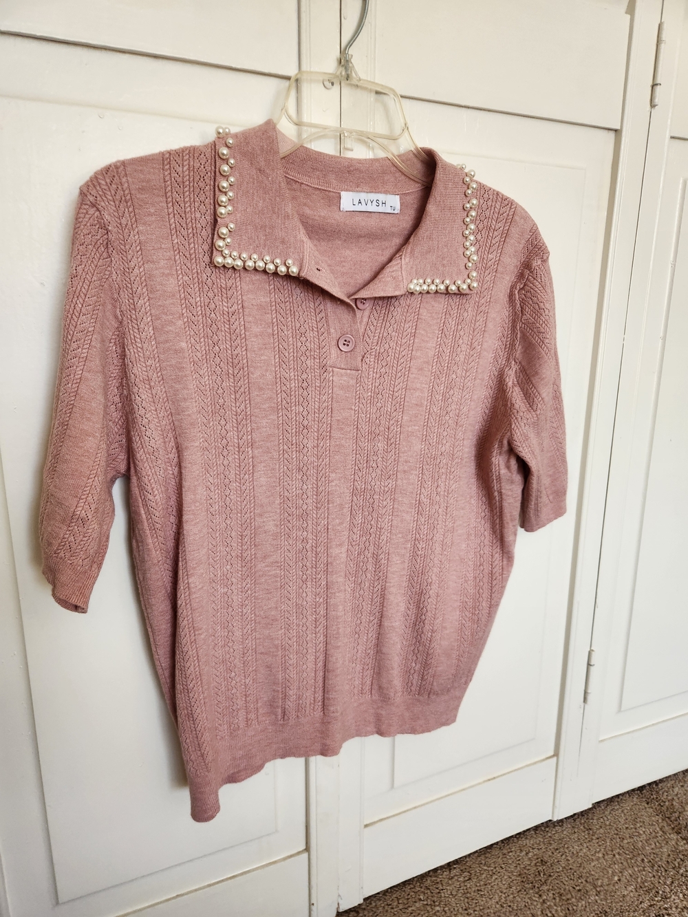 Lavish Pearl-Collar Dusty Rose Knit Polo Top